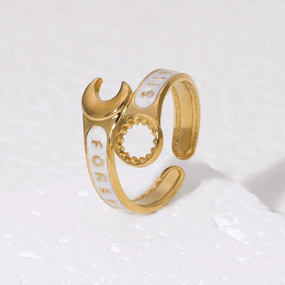 Stainless Steel Wrench Ring Electroplated With 18K Gold Trendy Cool Niche Design For Women