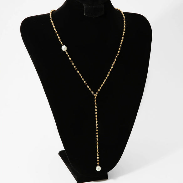 Stainless Steel Y Shaped Tassel Necklace With Geometric Pattern Round Bead Electroplated Women's Long Style