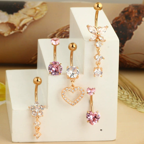 Stainless Steel Zircon Belly Button Ring And Nail Set With Star Pattern And Rose Gold Electroplating
