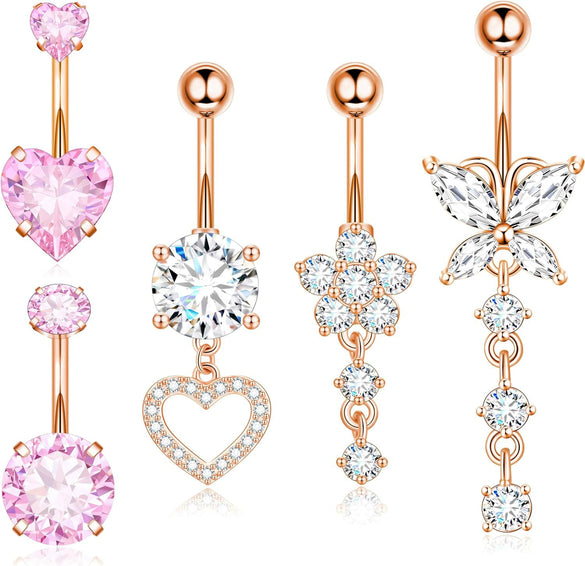 Stainless Steel Zircon Belly Button Ring And Nail Set With Star Pattern And Rose Gold Electroplating