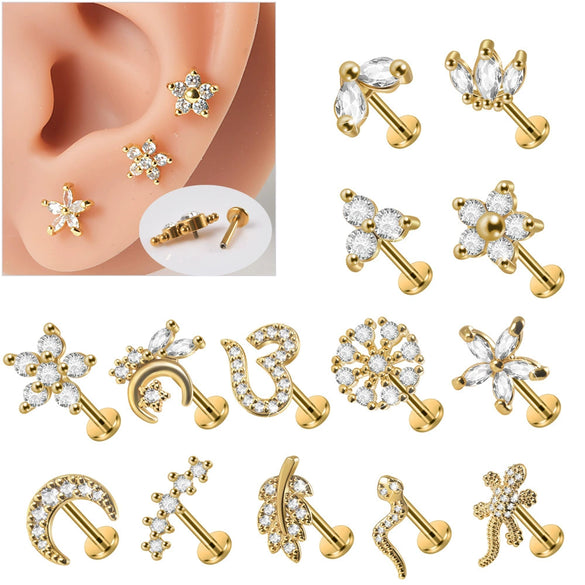 Stainless Steel Zircon Electroplated Heart Pattern Inner Tooth Lip Nail Snake Leaf Earrings
