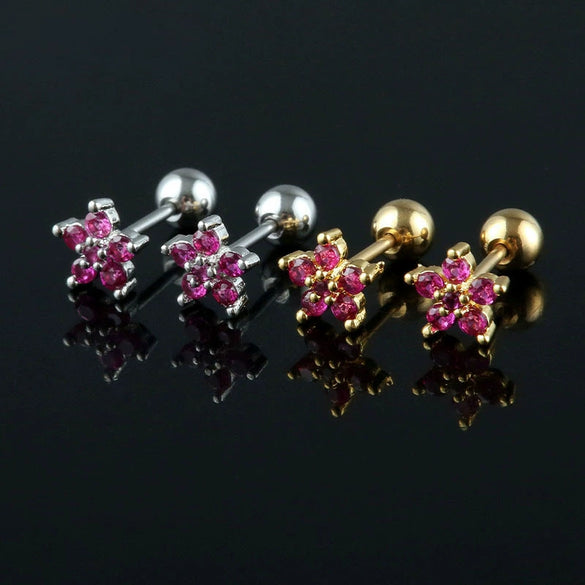 Stainless Steel Zircon Five Petal Flower Cartilage Stud Earrings Simple Compact Geometric Piercing Earrings For Unisex