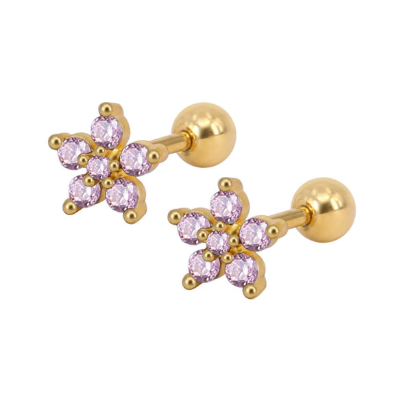 Stainless Steel Zircon Five Petal Flower Cartilage Stud Earrings Simple Compact Geometric Piercing Earrings For Unisex