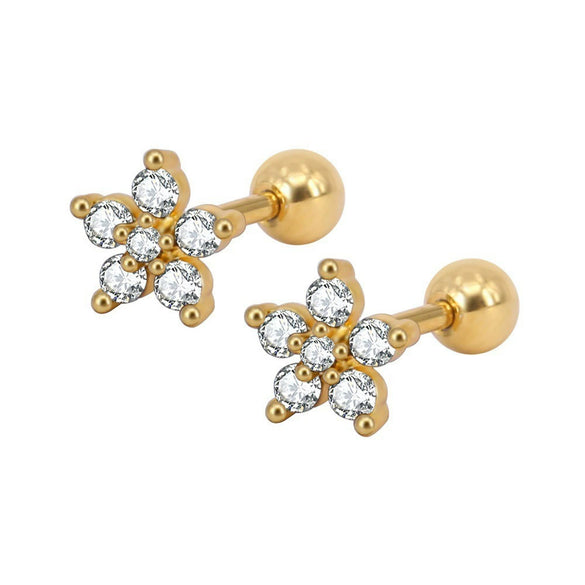 Stainless Steel Zircon Five Petal Flower Cartilage Stud Earrings Simple Compact Geometric Piercing Earrings For Unisex