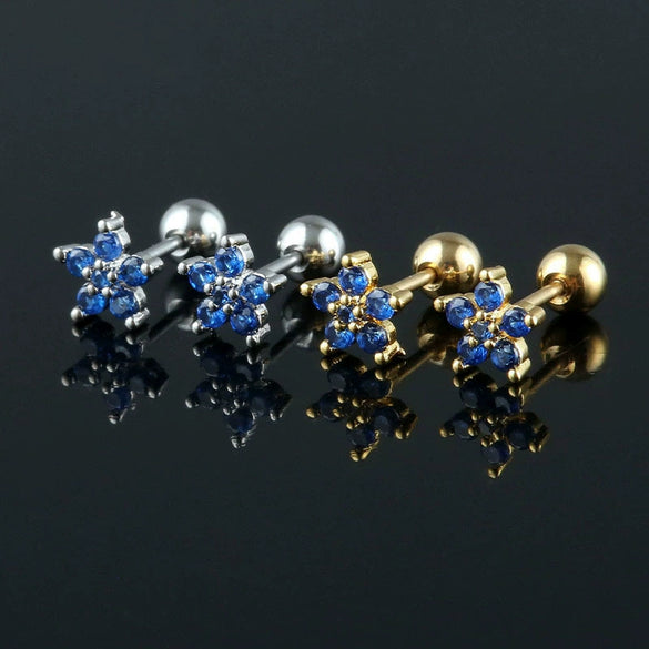 Stainless Steel Zircon Five Petal Flower Cartilage Stud Earrings Simple Compact Geometric Piercing Earrings For Unisex
