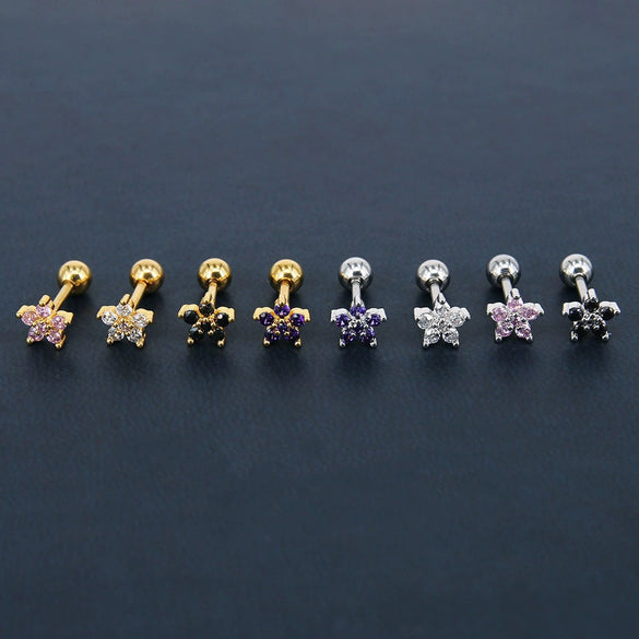 Stainless Steel Zircon Five Petal Flower Cartilage Stud Earrings Simple Compact Geometric Piercing Earrings For Unisex