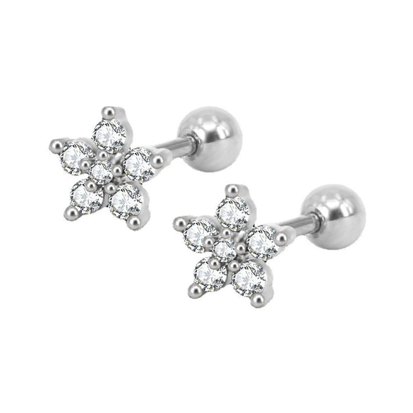 Stainless Steel Zircon Five Petal Flower Cartilage Stud Earrings Simple Compact Geometric Piercing Earrings For Unisex
