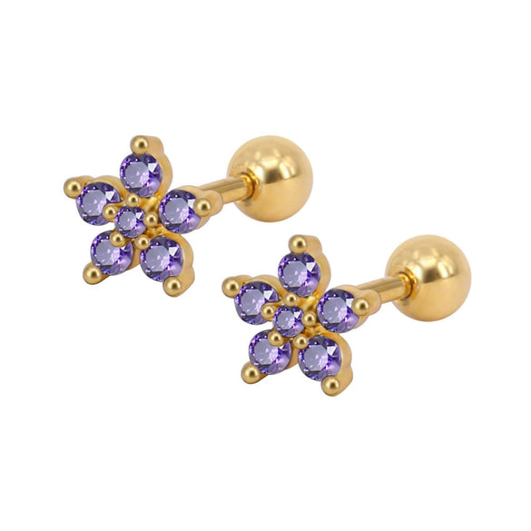Stainless Steel Zircon Five Petal Flower Cartilage Stud Earrings Simple Compact Geometric Piercing Earrings For Unisex