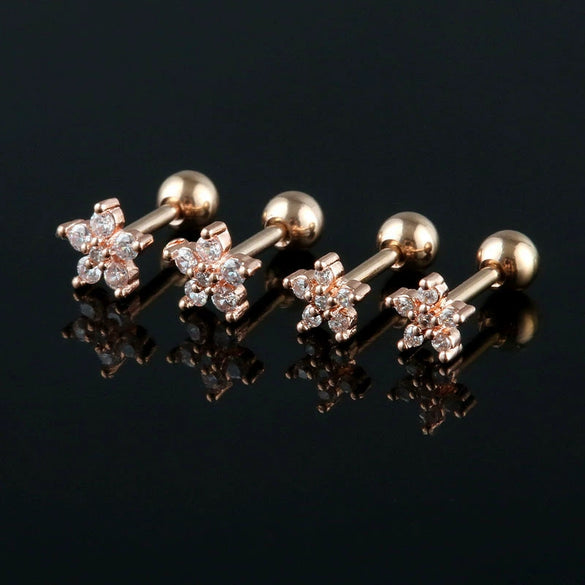 Stainless Steel Zircon Five Petal Flower Cartilage Stud Earrings Simple Compact Geometric Piercing Earrings For Unisex