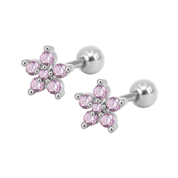 Stainless Steel Zircon Five Petal Flower Cartilage Stud Earrings Simple Compact Geometric Piercing Earrings For Unisex
