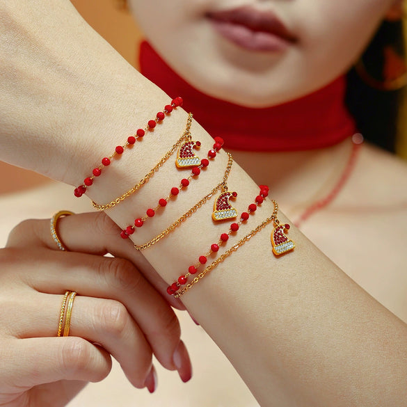 316L Stainless Steel Zircon Garnet Christmas Hat Pendant Necklace Bracelet Set Electroplated Light Luxury Women's Jewelry
