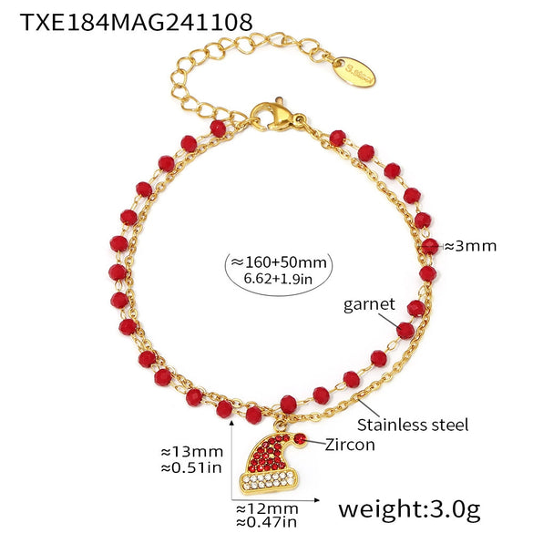 316L Stainless Steel Zircon Garnet Christmas Hat Pendant Necklace Bracelet Set Electroplated Light Luxury Women's Jewelry