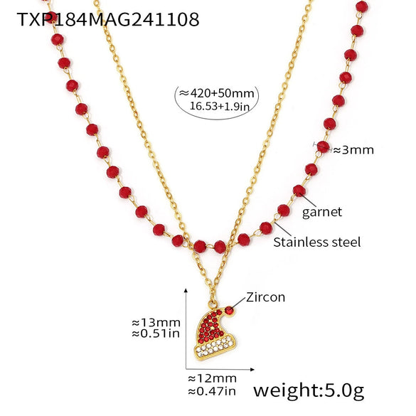 316L Stainless Steel Zircon Garnet Christmas Hat Pendant Necklace Bracelet Set Electroplated Light Luxury Women's Jewelry