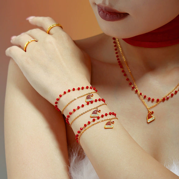 316L Stainless Steel Zircon Garnet Christmas Hat Pendant Necklace Bracelet Set Electroplated Light Luxury Women's Jewelry
