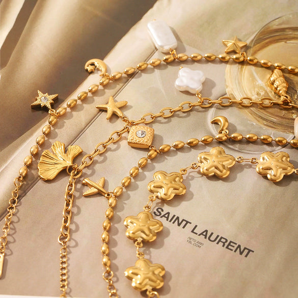 Star And Moon Fashion Trendy Stainless Steel Bracelet For Women With Flower Shape Pvd Vacuum Plating