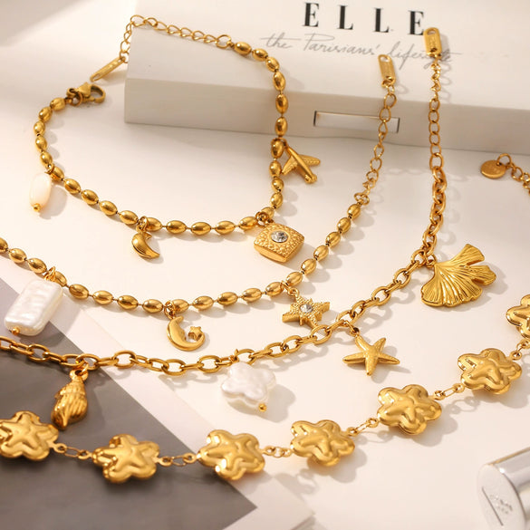 Star And Moon Fashion Trendy Stainless Steel Bracelet For Women With Flower Shape Pvd Vacuum Plating