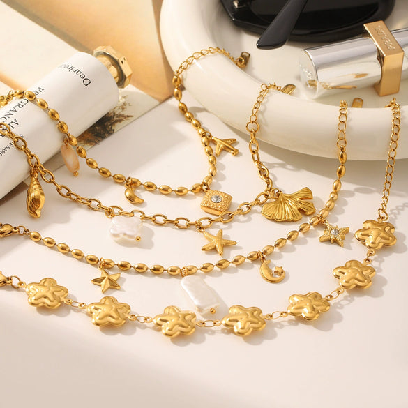 Star And Moon Fashion Trendy Stainless Steel Bracelet For Women With Flower Shape Pvd Vacuum Plating