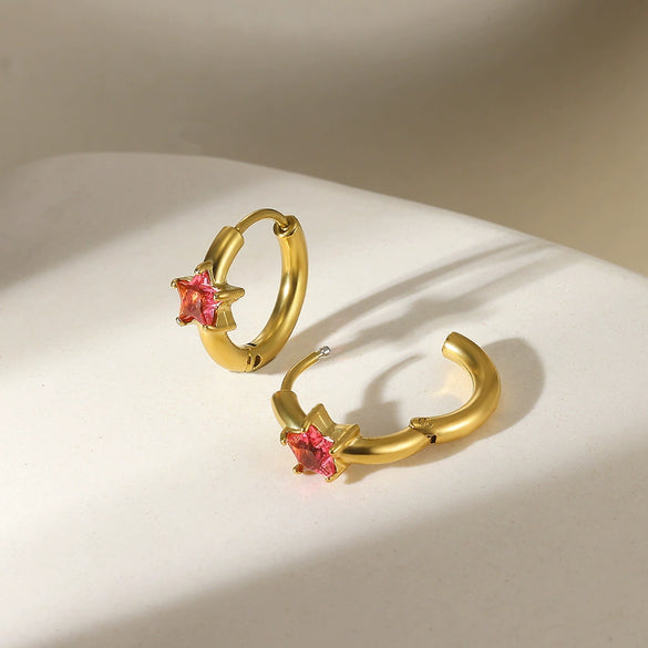 Star Birthstone Stainless Steel Earrings Set With Diamonds Geometric Style Unisex