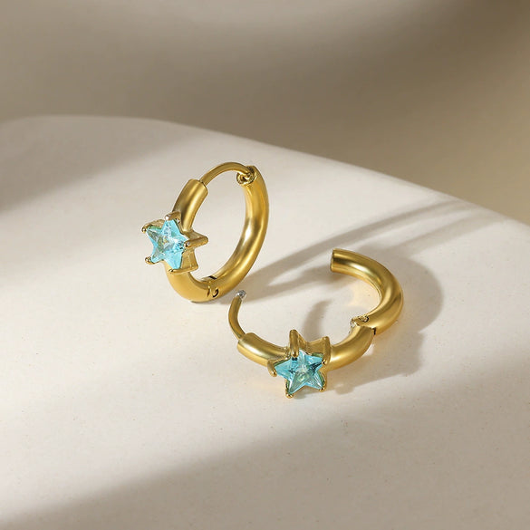 Star Birthstone Stainless Steel Earrings Set With Diamonds Geometric Style Unisex