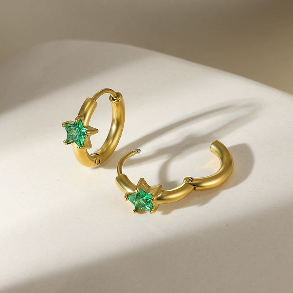 Star Birthstone Stainless Steel Earrings Set With Diamonds Geometric Style Unisex
