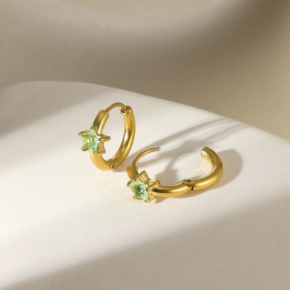 Star Birthstone Stainless Steel Earrings Set With Diamonds Geometric Style Unisex