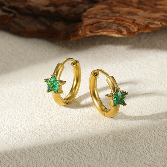 Star Birthstone Stainless Steel Earrings Set With Diamonds Geometric Style Unisex