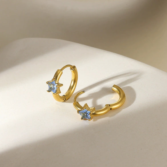 Star Birthstone Stainless Steel Earrings Set With Diamonds Geometric Style Unisex