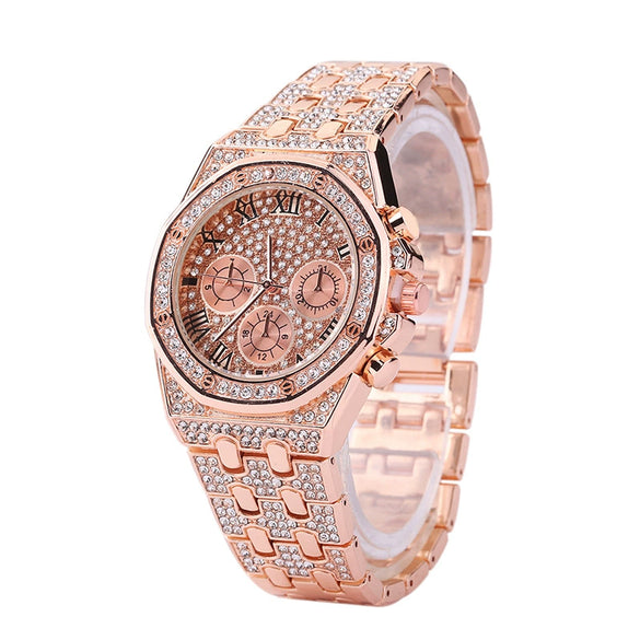 Star Pattern Steel Band Alloy Case Round Dial Quartz Business Men's Watch With Spiral Crown And Single Folding Buckle
