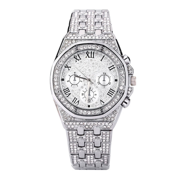 Star Pattern Steel Band Alloy Case Round Dial Quartz Business Men's Watch With Spiral Crown And Single Folding Buckle