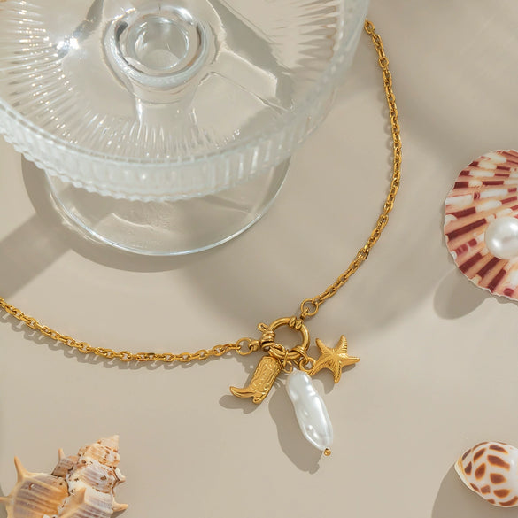 Starfish Pearl Women's Necklace In Titanium Steel With Geometric Shape And Electroplating