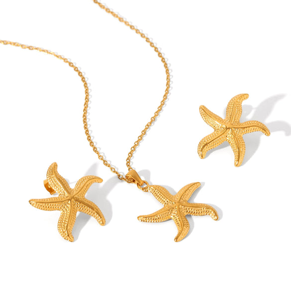 Starfish Pendant Stainless Steel Necklace And Earrings For Women With Marine Life Pattern And Vacuum Plating