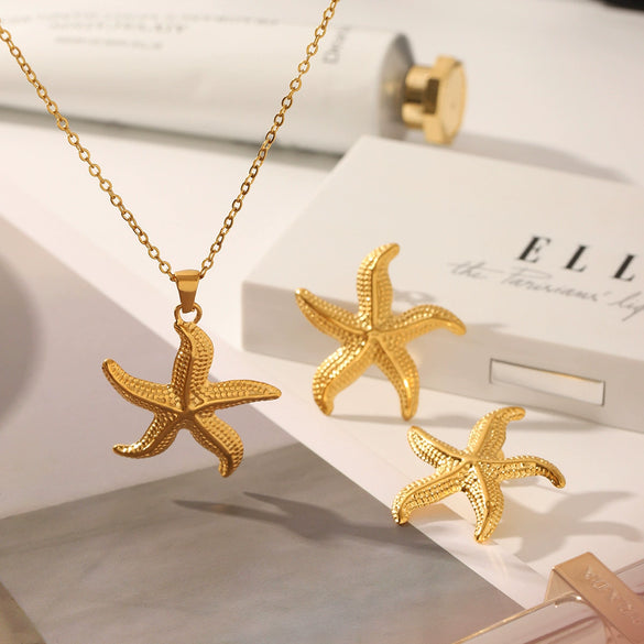 Starfish Pendant Stainless Steel Necklace And Earrings For Women With Marine Life Pattern And Vacuum Plating