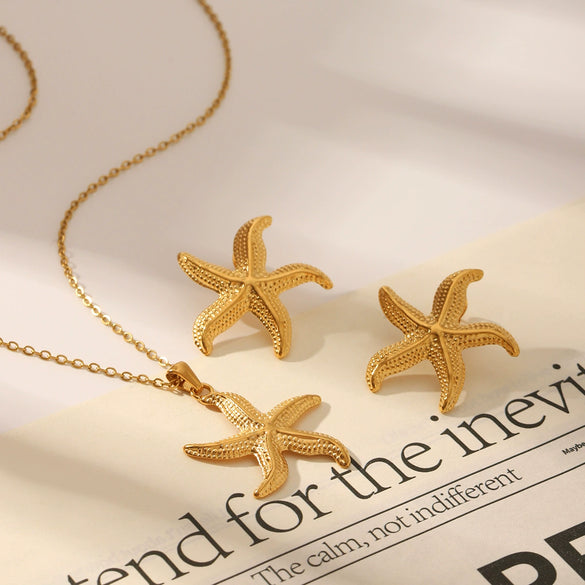 Starfish Pendant Stainless Steel Necklace And Earrings For Women With Marine Life Pattern And Vacuum Plating