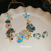 Starfish Shell Coral Earrings And Necklace Set With Ocean Life Pattern Rhinestones And Zircon Handmade High End All Match Clavicle Chain For Women