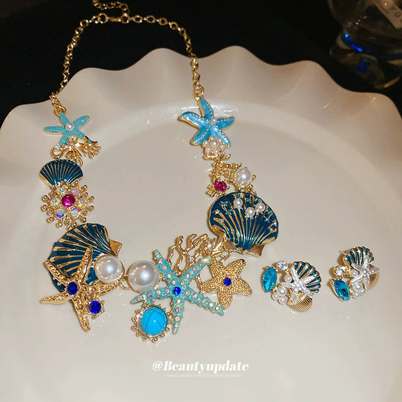 Starfish Shell Coral Earrings And Necklace Set With Ocean Life Pattern Rhinestones And Zircon Handmade High End All Match Clavicle Chain For Women