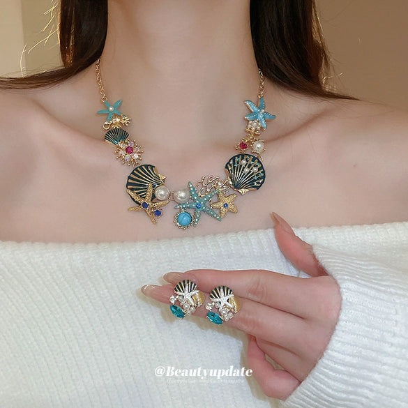 Starfish Shell Coral Earrings And Necklace Set With Ocean Life Pattern Rhinestones And Zircon Handmade High End All Match Clavicle Chain For Women