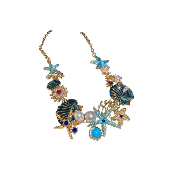 Starfish Shell Coral Earrings And Necklace Set With Ocean Life Pattern Rhinestones And Zircon Handmade High End All Match Clavicle Chain For Women