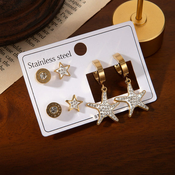 Starfish Zircon Titanium Steel Electroplated Earrings