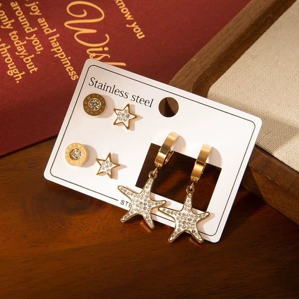 Starfish Zircon Titanium Steel Electroplated Earrings