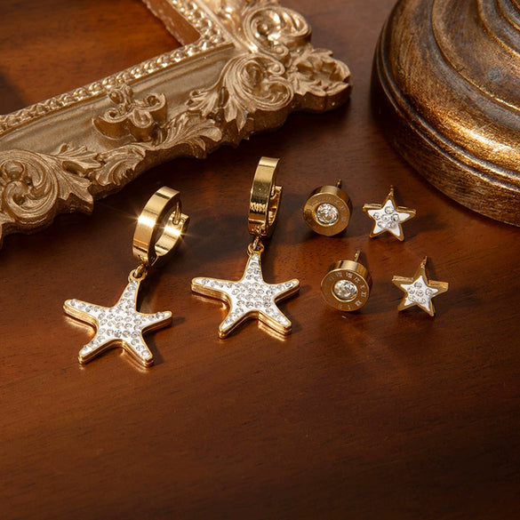 Starfish Zircon Titanium Steel Electroplated Earrings