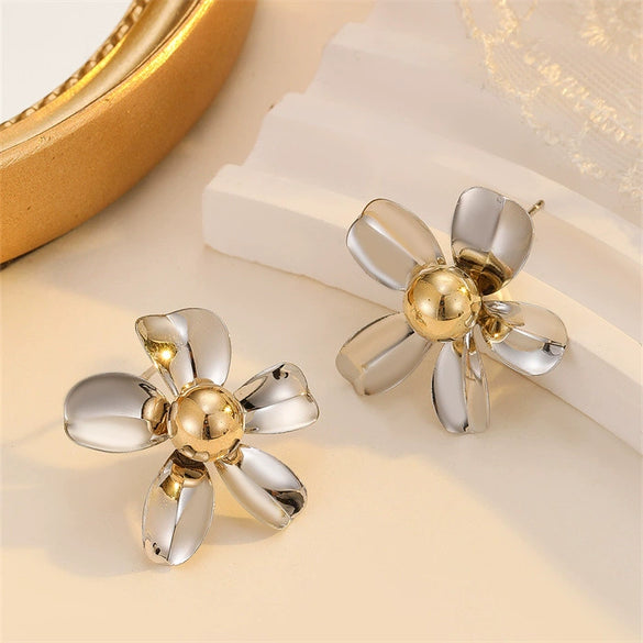 Statement Flowershaped Electroplated Metal Earrings For Women Elegant Trendy Fashion Jewelry
