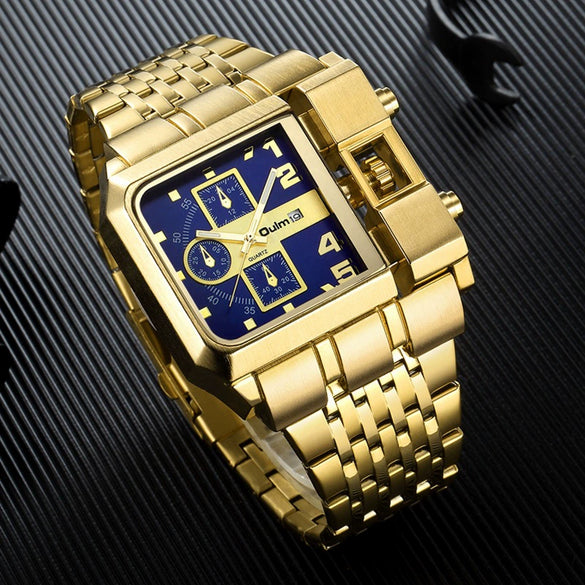 Steel Band Gold Punk Quartz Watch With Large Square Dial