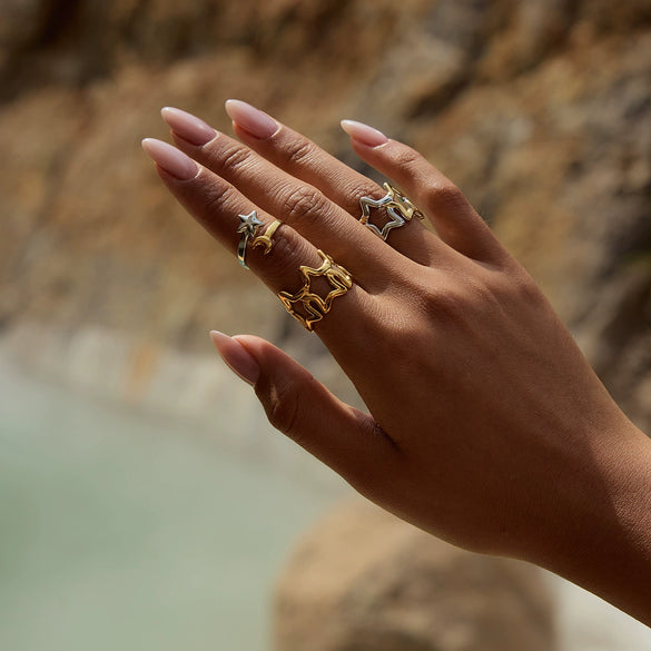 Steel Ring Geometric Style Electroplated Star Cut Out Open Highend Accessories