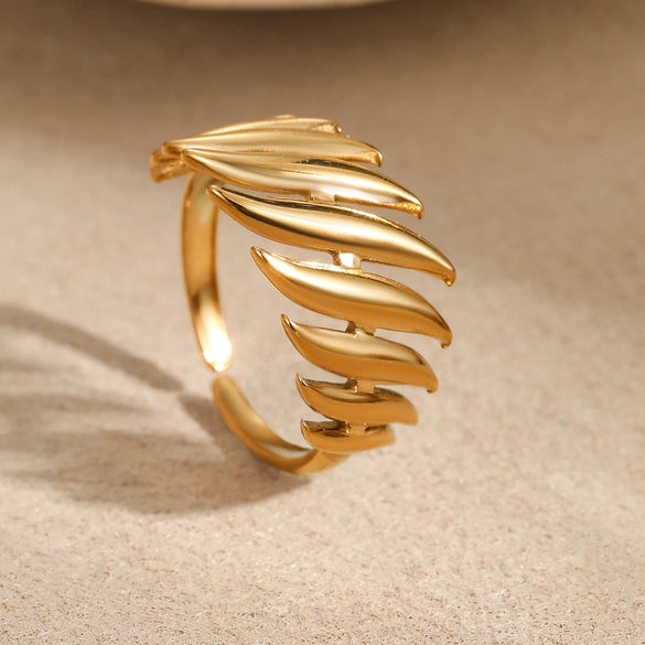 Steel Ring Leaf Geometric Electroplated 18K Gold