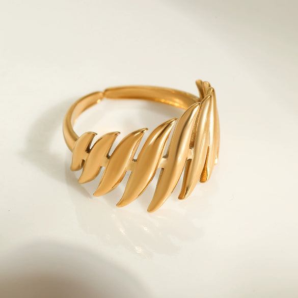 Steel Ring Leaf Geometric Electroplated 18K Gold