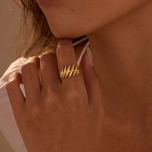 Steel Ring Leaf Geometric Electroplated 18K Gold