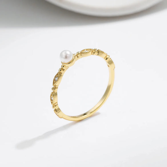 Sterling Silver 14K Gold Plated Elegant Glam Sweet Epoxy Inlay Geometric Artificial Pearls Crystal Rings
