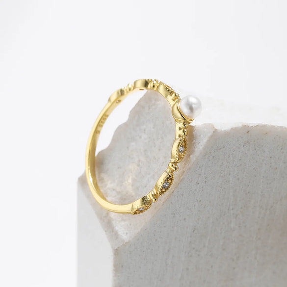 Sterling Silver 14K Gold Plated Elegant Glam Sweet Epoxy Inlay Geometric Artificial Pearls Crystal Rings