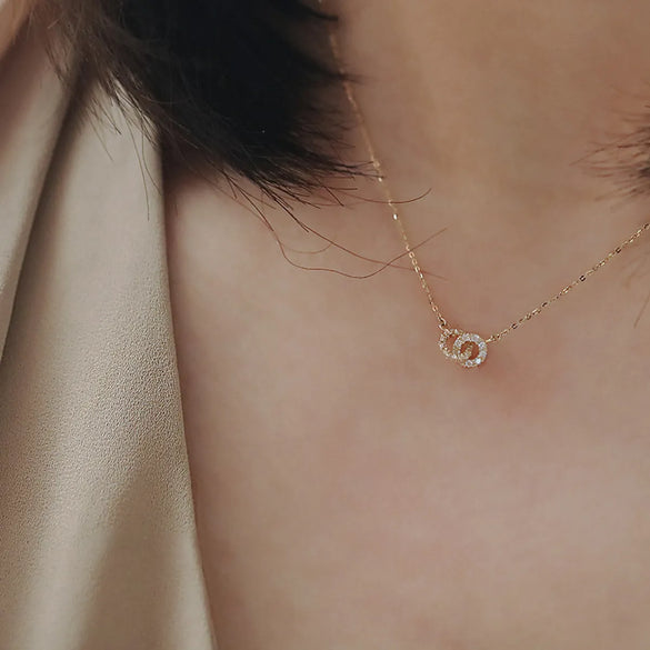 Sterling Silver 14K Gold Plated Vintage Style Simple Style Plating Inlay Double Ring Zircon Pendant Necklace