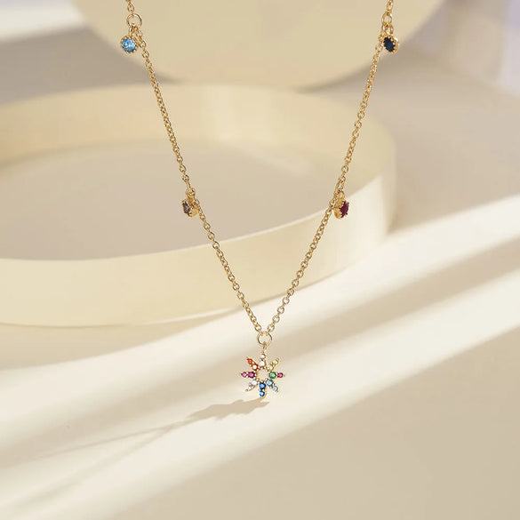 Sterling Silver 14K Gold Plated White Gold Plated Rhodium Plated Plating Inlay Pentagram Geometric Flower Zircon Pendant Necklace